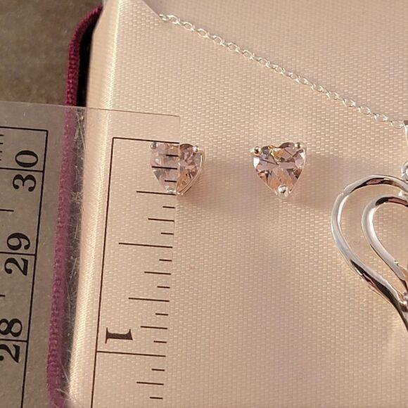 Sterling Openwork Pink Heart CZ  Necklace & Stud Earrings Set - Ne… - Picture 6 of 7